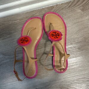 Tory Burch Pink and Tan Sandals with Orange Accent